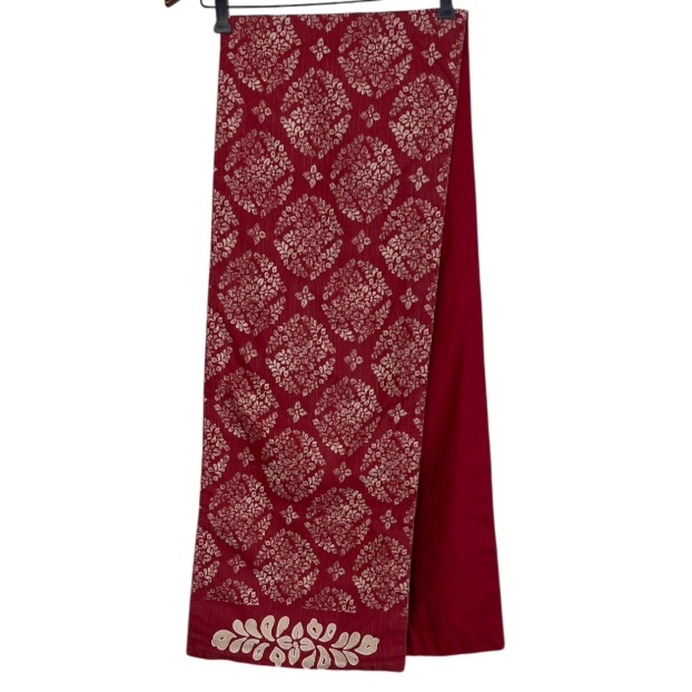 Cranberry Red Ecru Patterned Table Runner Embroidered Ends Sun-washed Fade